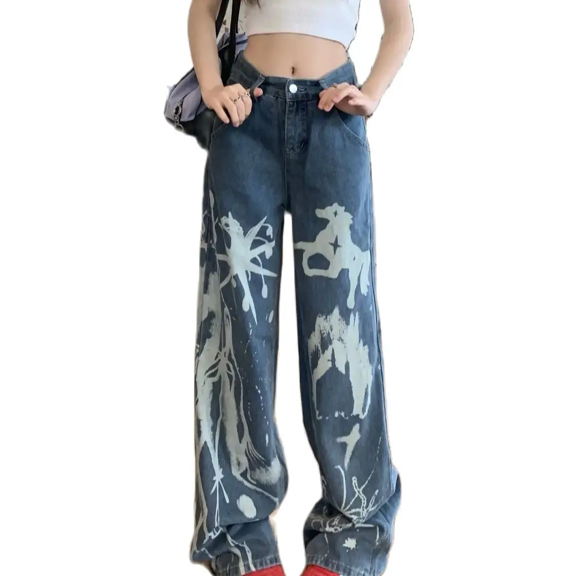 Jeans Printed High Waist American Spice Girl 2024 Summer New Retro Loose Slim Straight Wide-Leg Trousers