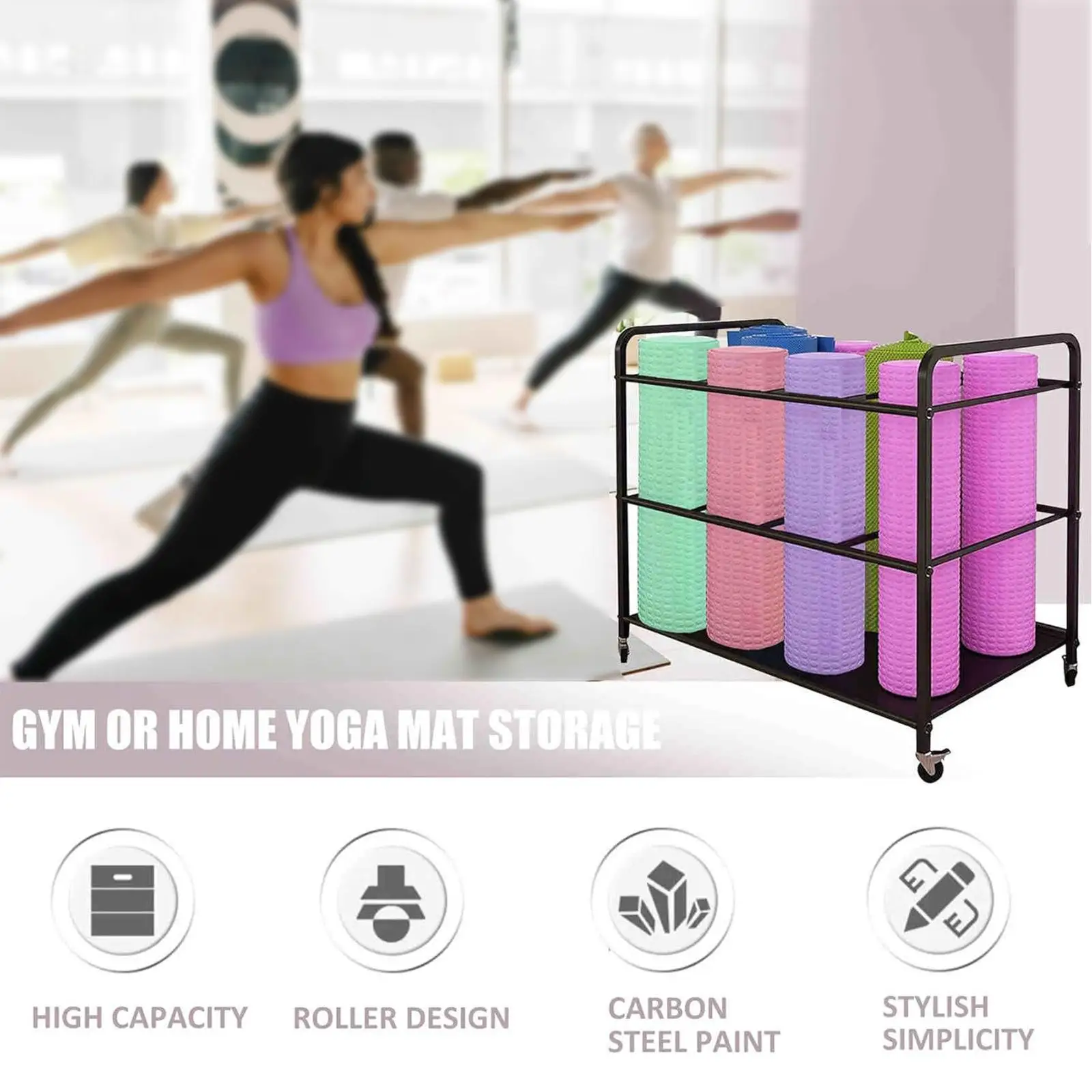 

Yoga Mat Storage Rack Cart Movable Workout Equipment Storage for Dumbbells Yoga Blocks Exercise Mat Yoga Strap Resistance Bands