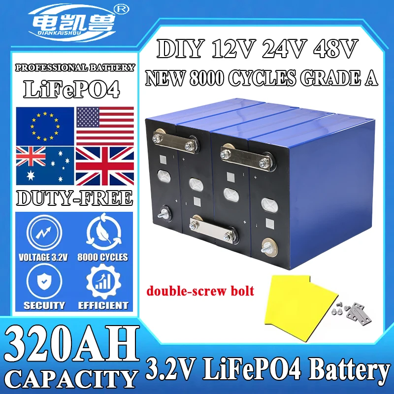 

New 8000 Cycles Grade A 3.2V 320Ah Lifepo4 Battery Rechargeable Batteries DIY 12V 24V 48V RV EV Boat Yacht Vans Cells tax free