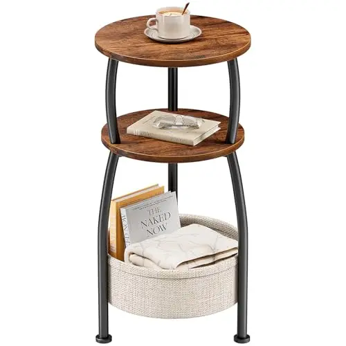 Small Side Table for Small Spaces with Storage Basket, Round End Table 3-Tier NightStand Sofa Corner Table for Living Room, Bed