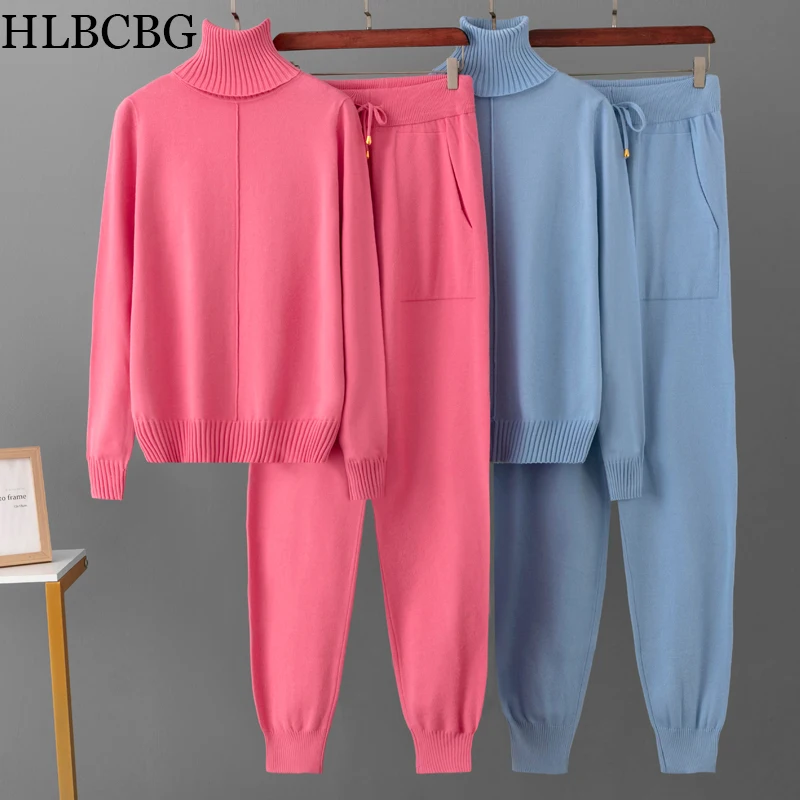 2024 New 2 Pieces Set Women Knitted Tracksuit Turtleneck Sweater Carrot Jogging Pants Pullover Sweater Set CHIC Knitted Outwear