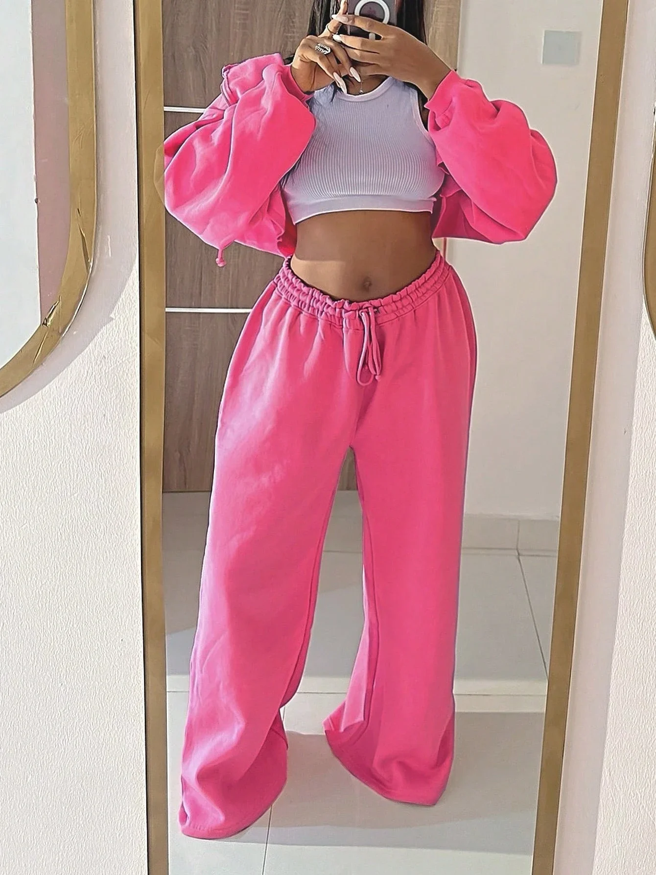 

Women's Pink Casual Streetwear Hoodie And Wide Leg Pants Set