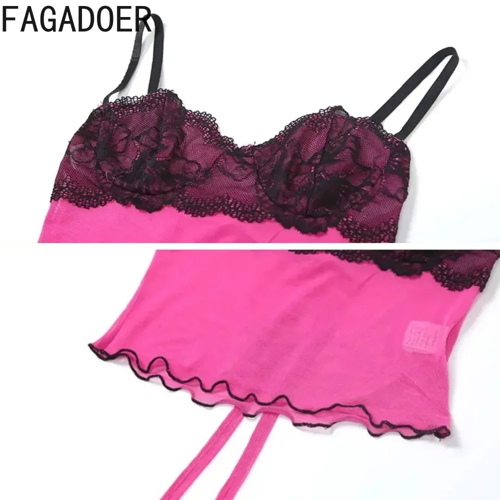 FAGADOER Sexy Sweet 2 Piece Sets Women Outfit Mesh See Through Lace Patchwork Crop Top And Pants Suits Hot Girl Streetwear