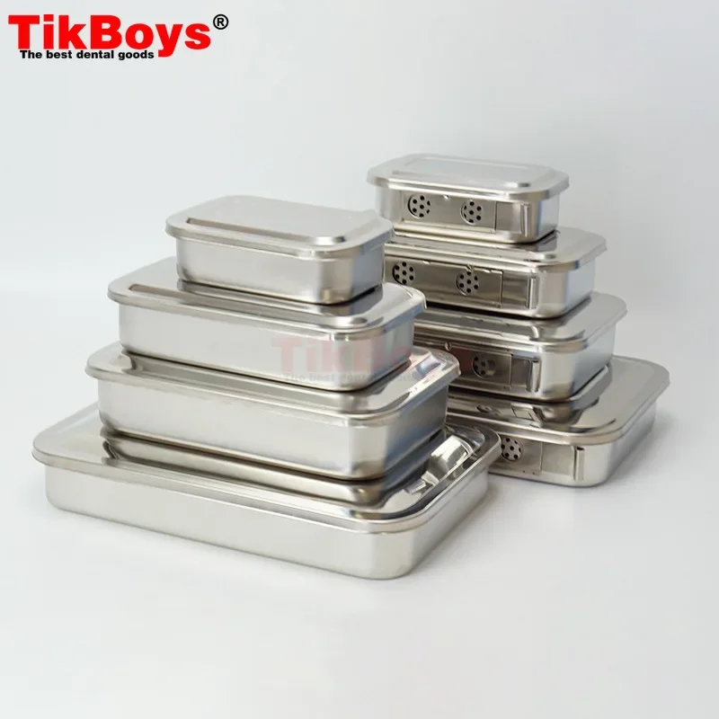 304 Thick Dental Square Plate Stainless Steel Material Sterilization Tray Box with Hole Cover Equipment Surgical Instruments