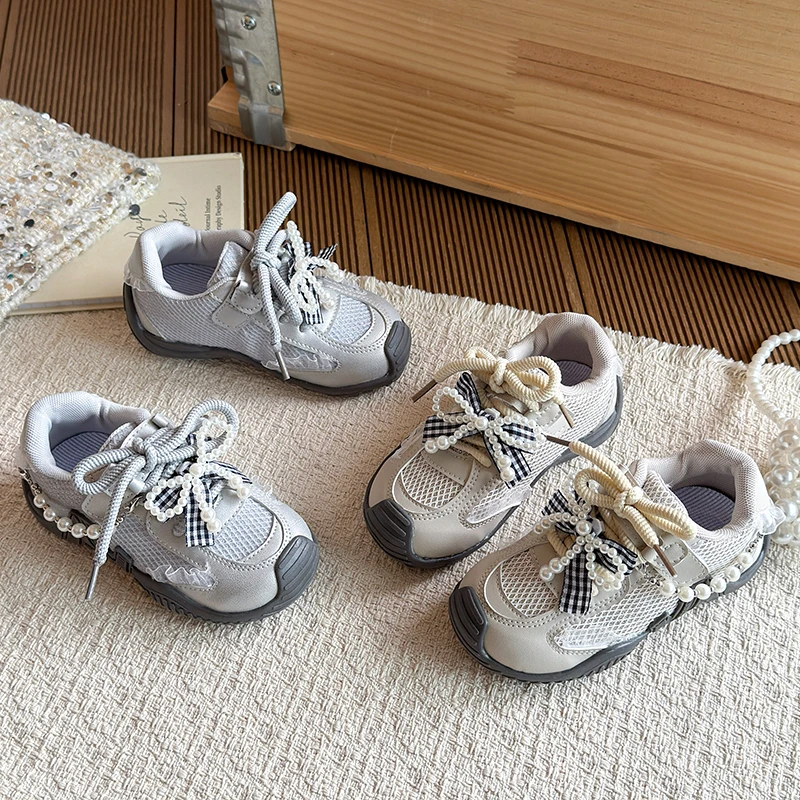 

Girls Sports Shoes Sweet Beading Bows Kids Princess Casual Shoes Mesh Breathable 2026 Brand New Children Tennis Shoes Non-slip