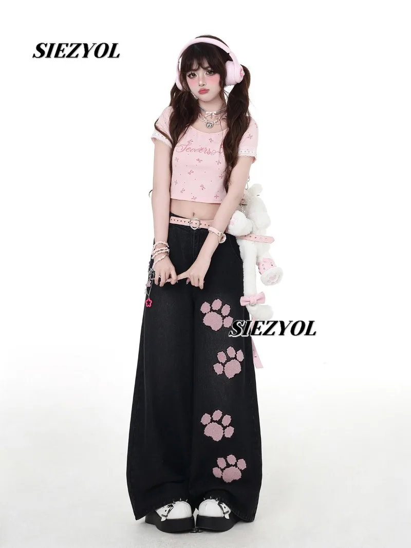 Spring Autumn New Original Embroider Loose High Waist Jeans Sweet Girls Casual Easiest for Match Straight-leg Denim Pants
