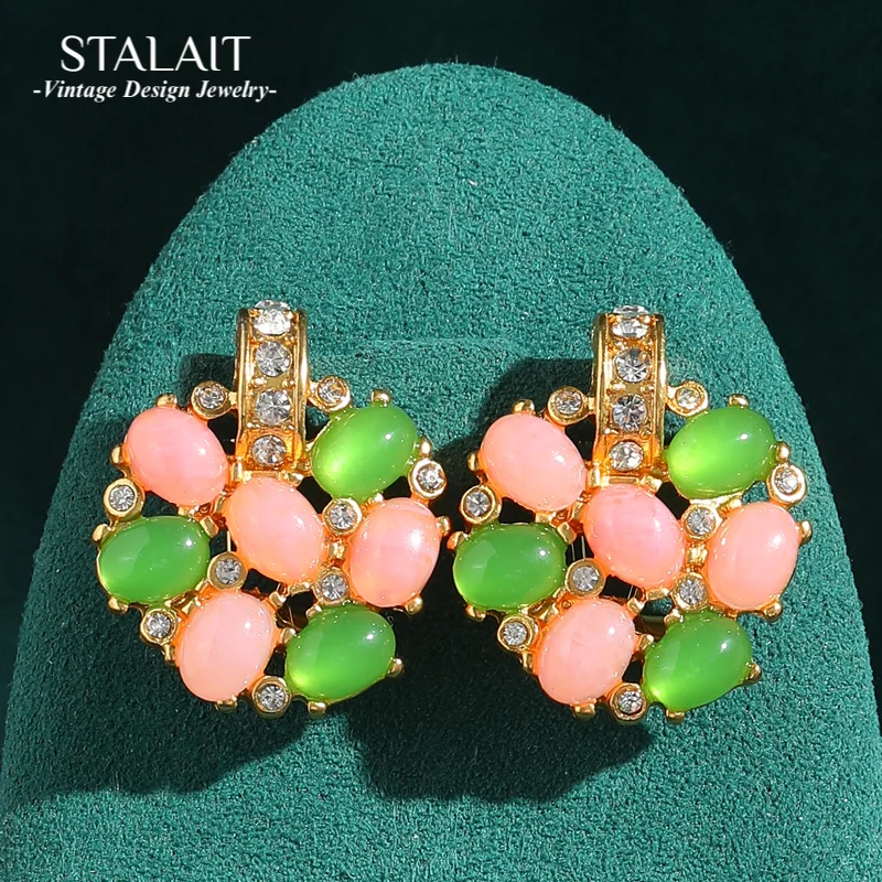 

Vintage Pink Earrings Flowers Natural Stone Oval Rose Quartz Green Stud Women'S Accessories Summer Jewelry Beach Trend 2025