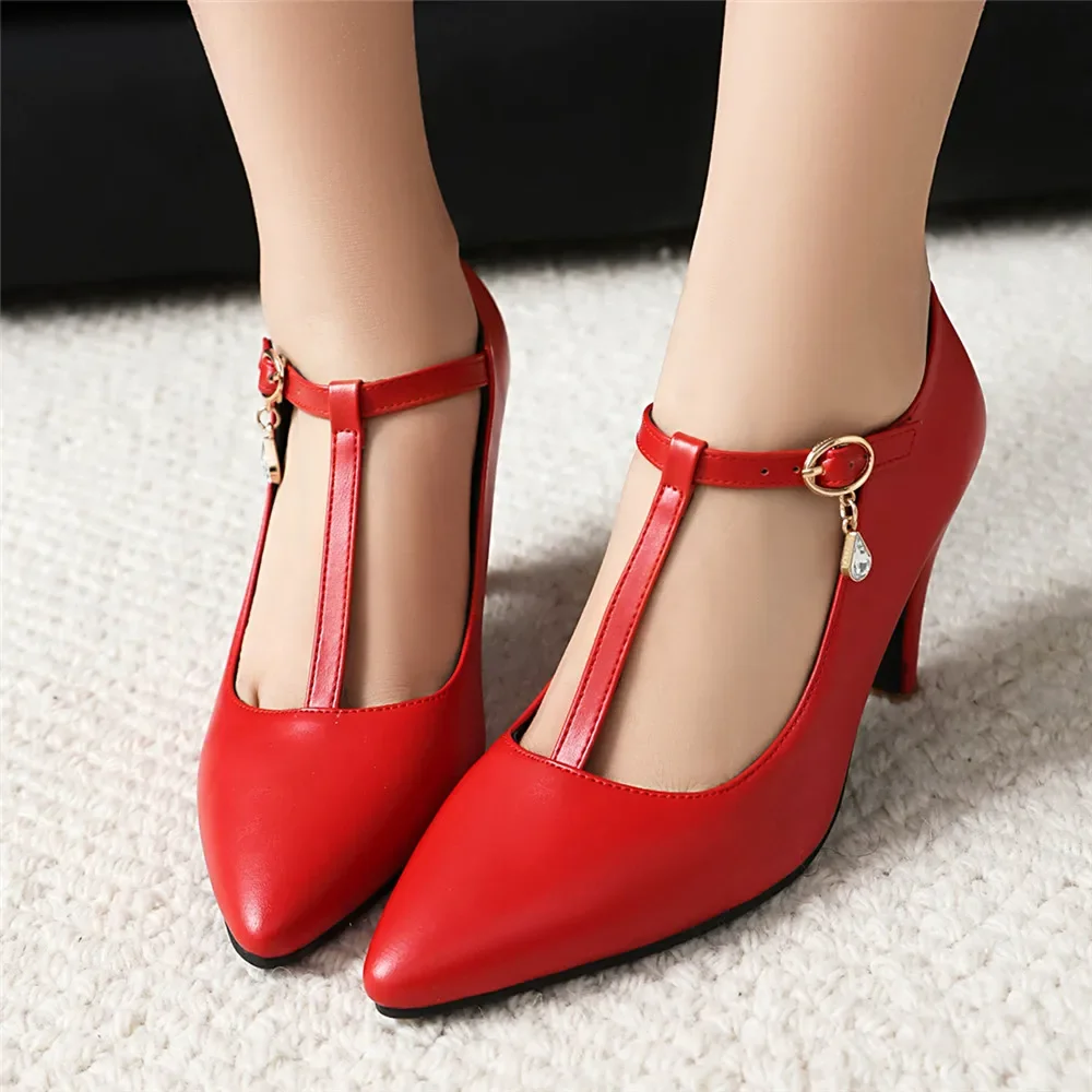 

Женские туфли-лодочки на высоком каблуке-шпильке с острым носком и Т-образным ремешком, элегантные женские пикантные летние туфли больших размеров, 35–46, вечерние танцевальные свадебные платья