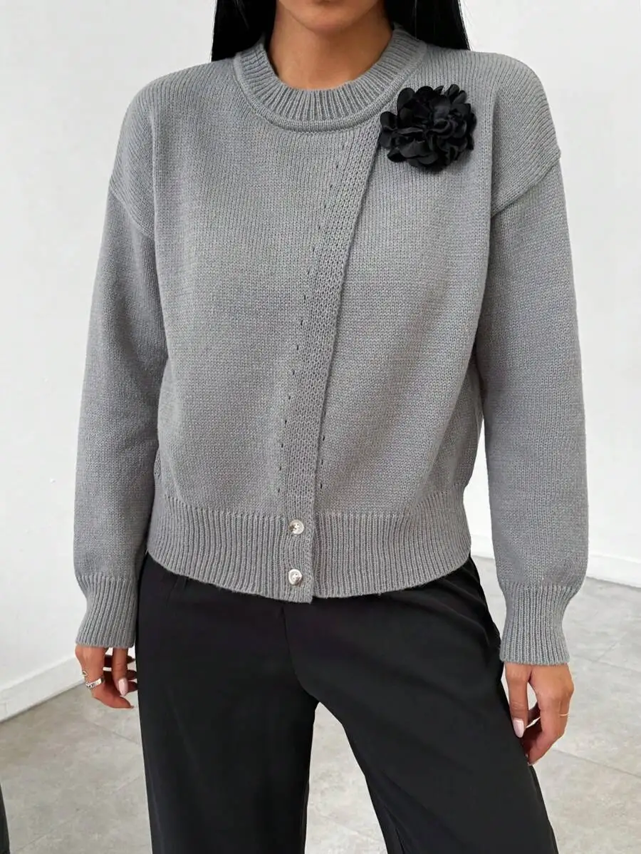 Gray Knit Pullover with 3D Floral Applique, Asymmetrical Front, Long Sleeve Casual Sweater
