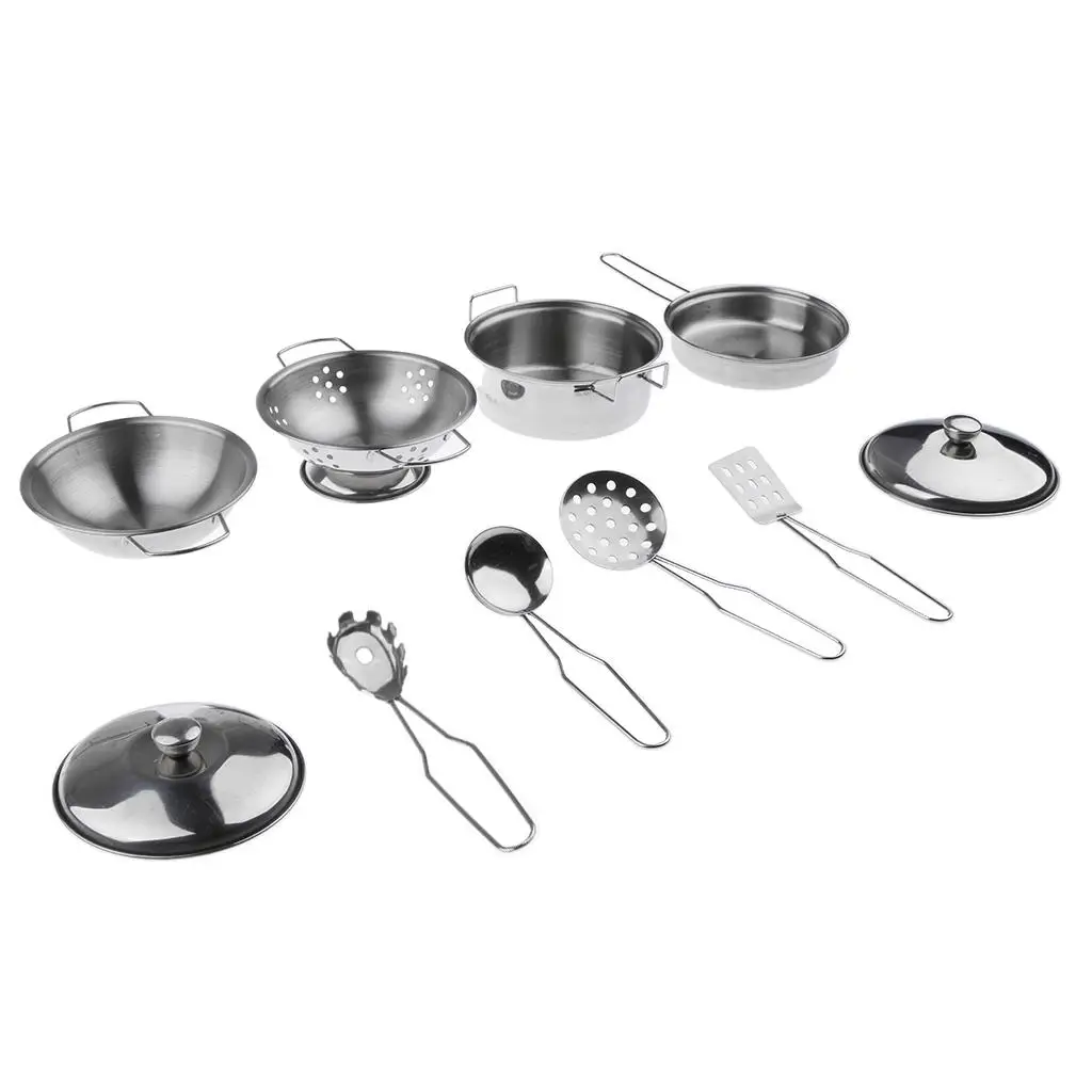 kitchen Cookware Playset B (10pcs, Stainless Steel) for Children Pretend Cooking