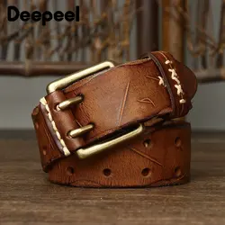 1Pc Deepeel 3.8*105-125cm Men's Cowhide Leather Belts Vintage Double Needle Buckle Belt Adults Male Wide Waistband with Jeans