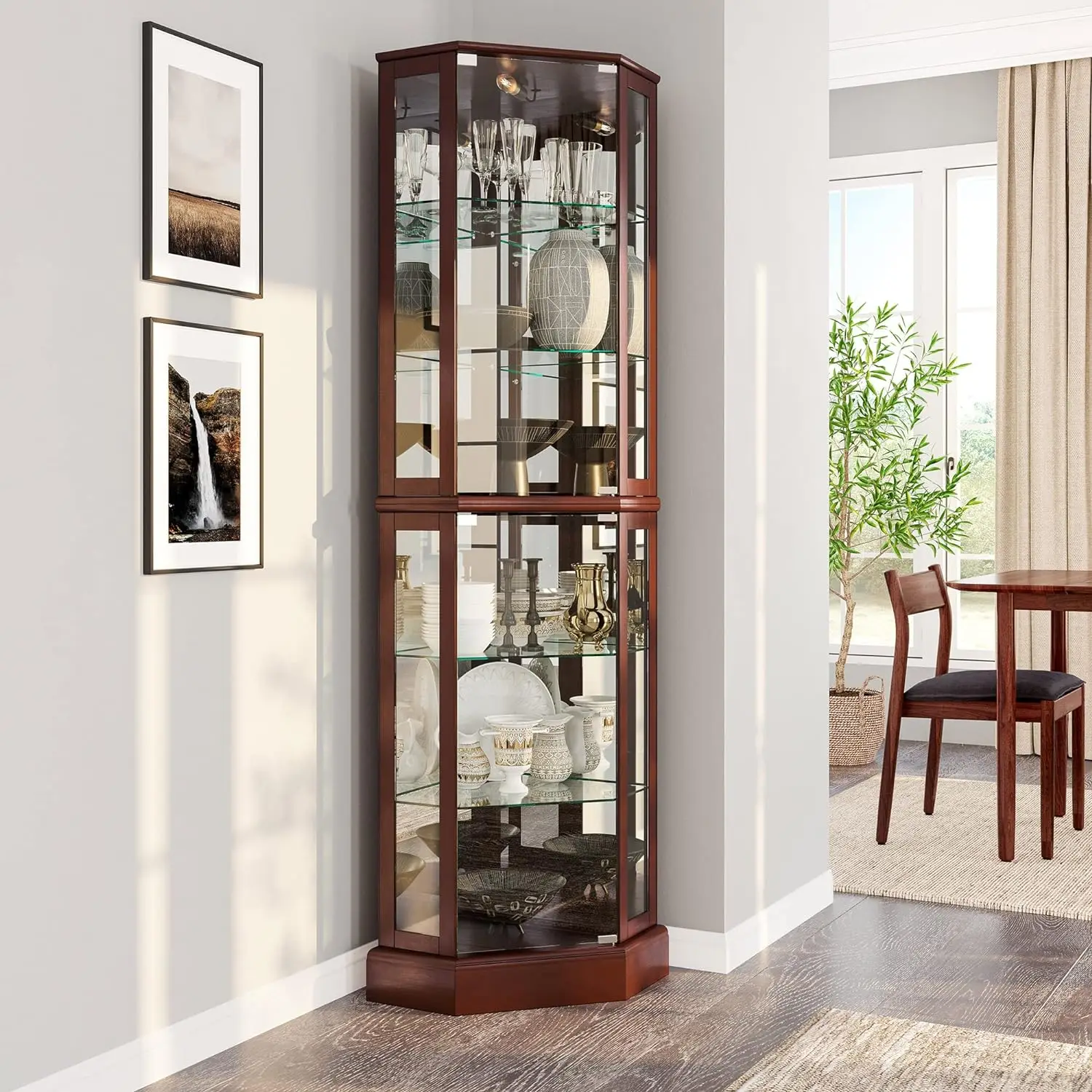 BELLEZE Lighted Corner Display Curio Cabinet Wooden Curved Shelving Unit with Tempered Glass Door, Bar and Liquor Storage Area