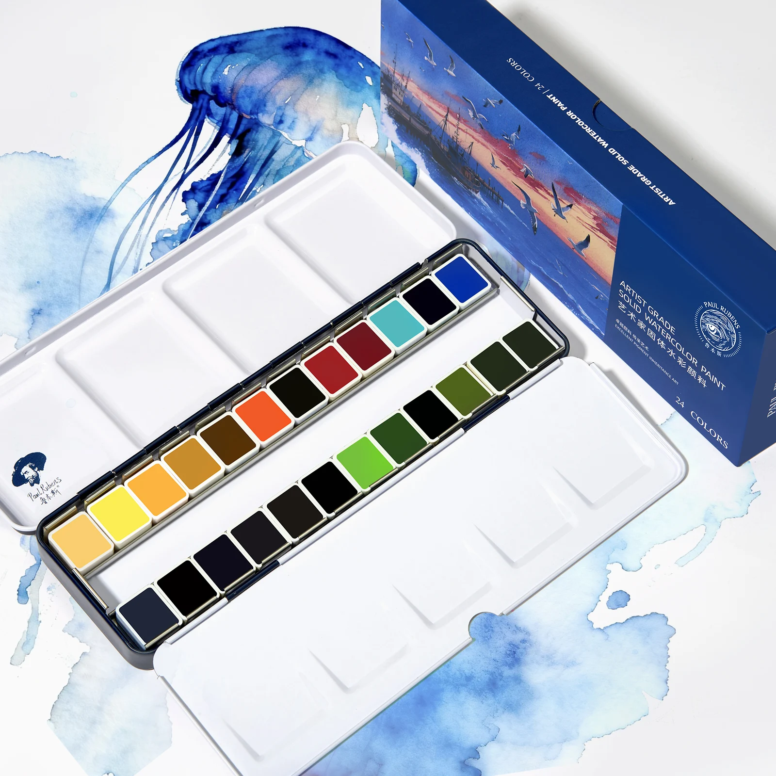 Paul Rubens Watercolor Set - 24 Vibrant Ocean Colors for Seascape Painting, Artist-Grade Travel Watercolor Paint for Artist