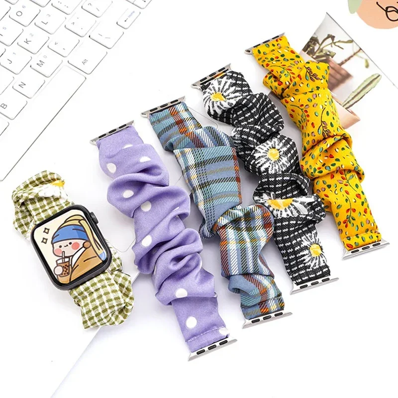 Fabric Elastic Strap for Apple Watch 7 6 5 SE 41 45 38mm Women Girls Scrunchie Lace Band Bracelet Iwatch Serie 3 2 1 42 40 44 Mm