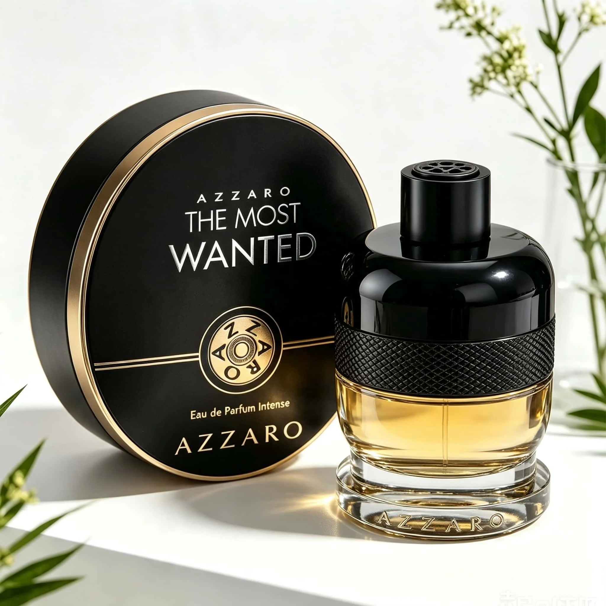 Azzaro The Most Wanted EDP Intense 100ML Parfüm für Männer, tiefes, intensives, würziges Tabak-Vanille-Holz-Aroma, langanhaltend, matt-schwarze, geprägte zylindrische Flasche, komplette schwarze, gewebte Musterbox, Geschenk für Dating, Nacht, Party.