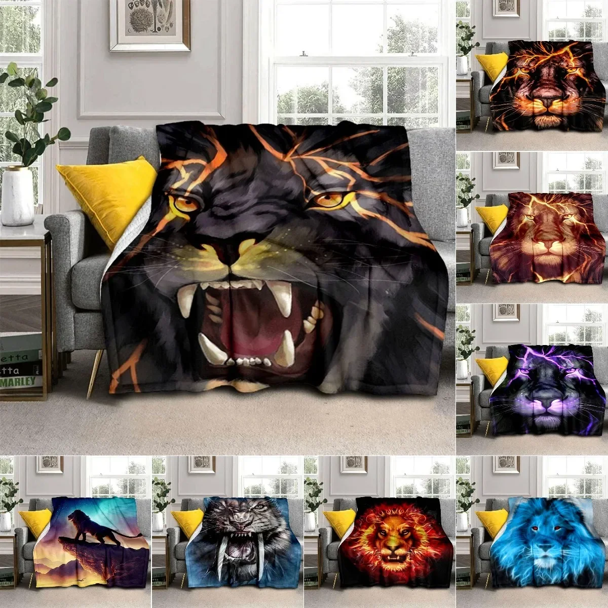 Wildlife Fierce Lion Throw Blankets, Soft Flannel Fleece Blanket Microfiber Cozy Bed Cover for Teen Boys Bedroom African Animal