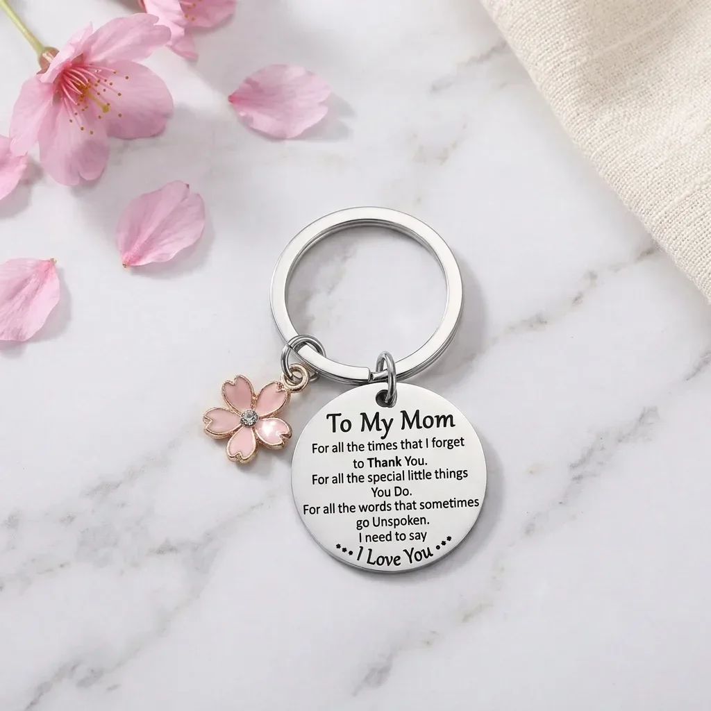 Stainless Steel Keychain For Mom With Floral Charm And Love Message Gift For Mothers Day Birthday