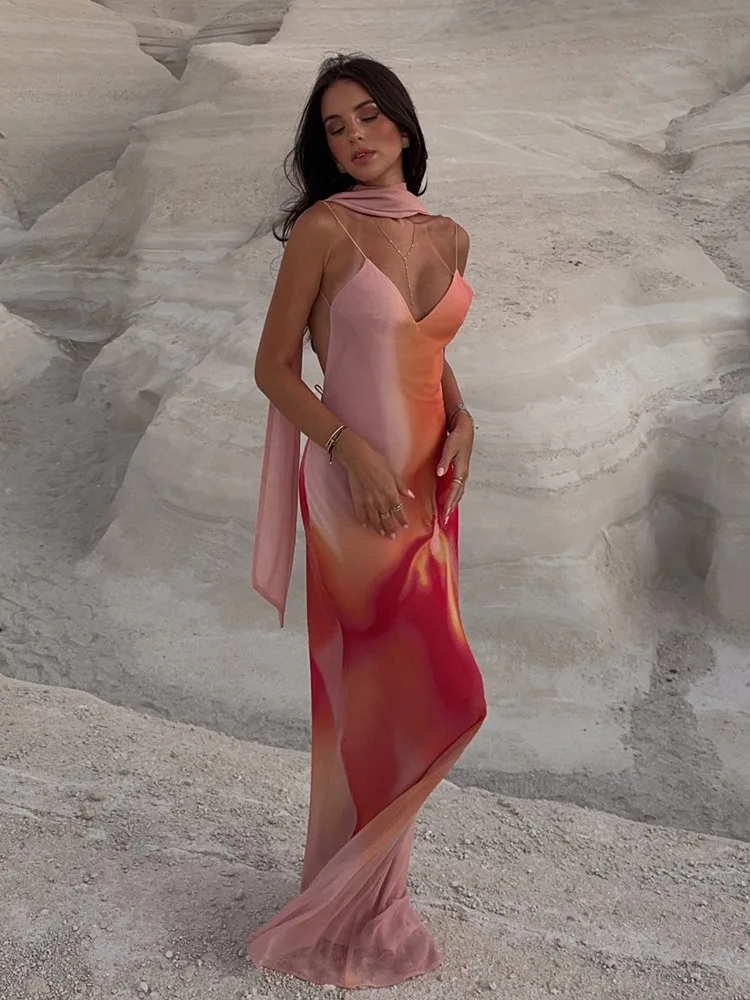 UNIZERA Abito lungo senza schienale stampato con sciarpa 2025 Nuovi arrivi estivi Abbigliamento da donna Elegante abito strutturato in raso