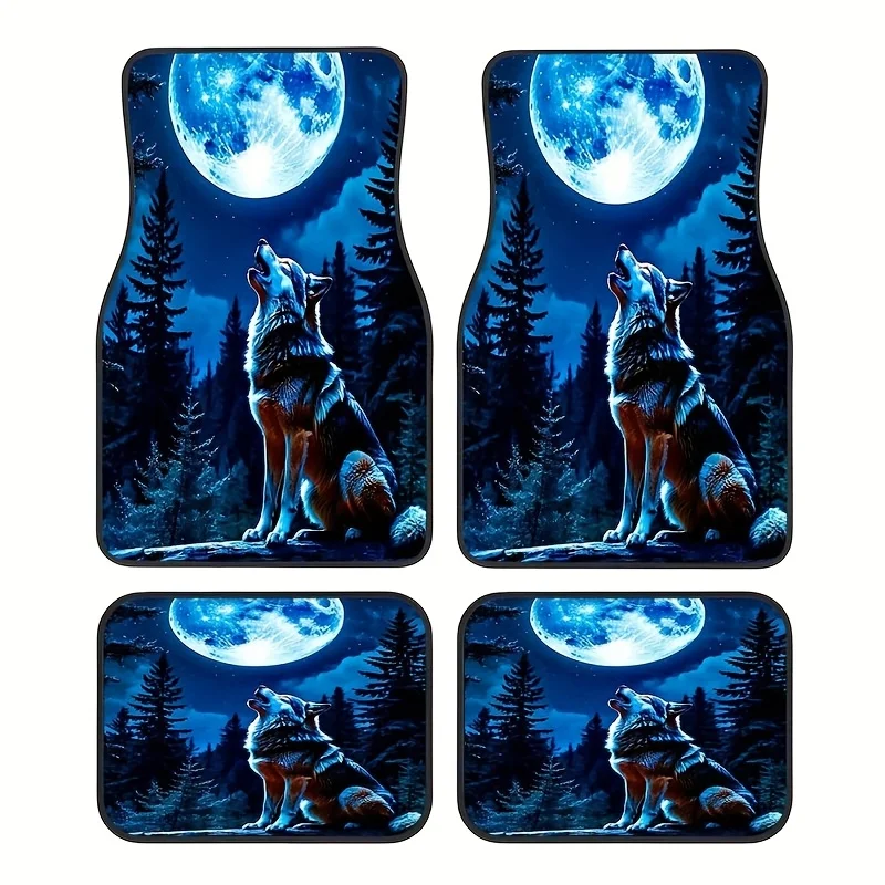 4pcs Set, Blue Wolf Pattern Car Anti-Slip Floor Mats, Easy-To-Clean Pet-Friendly Interior Additions, Synthetic Rubber Material,