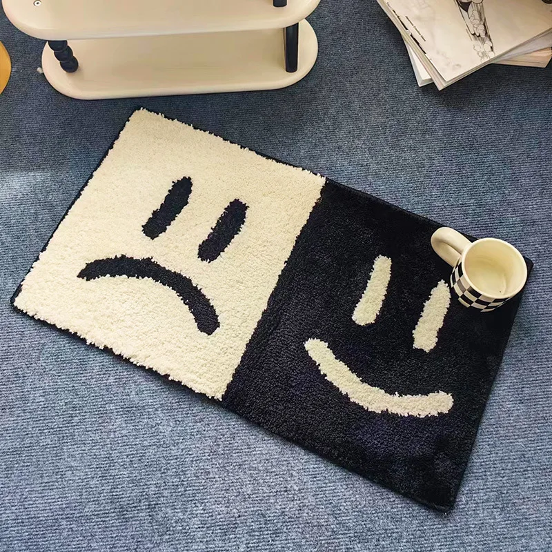 INS Black White Smiling Face Rug Handmade Soft Tufted Carpet Living Room Bedroom Home Decor Anti-slip Bathroom Floor Mat Doormat