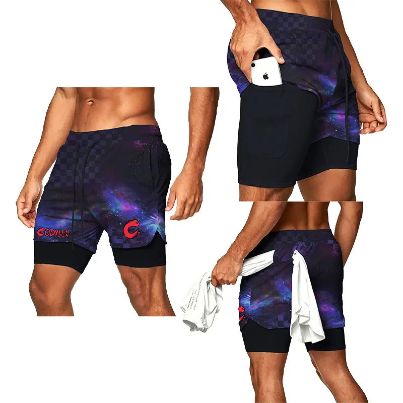 Men Red Black Flame Warrior Totem Sublimated 2‑in‑1 Fight Shorts Stretch Compression Liner For BJJ MMA Sparring Gym Training