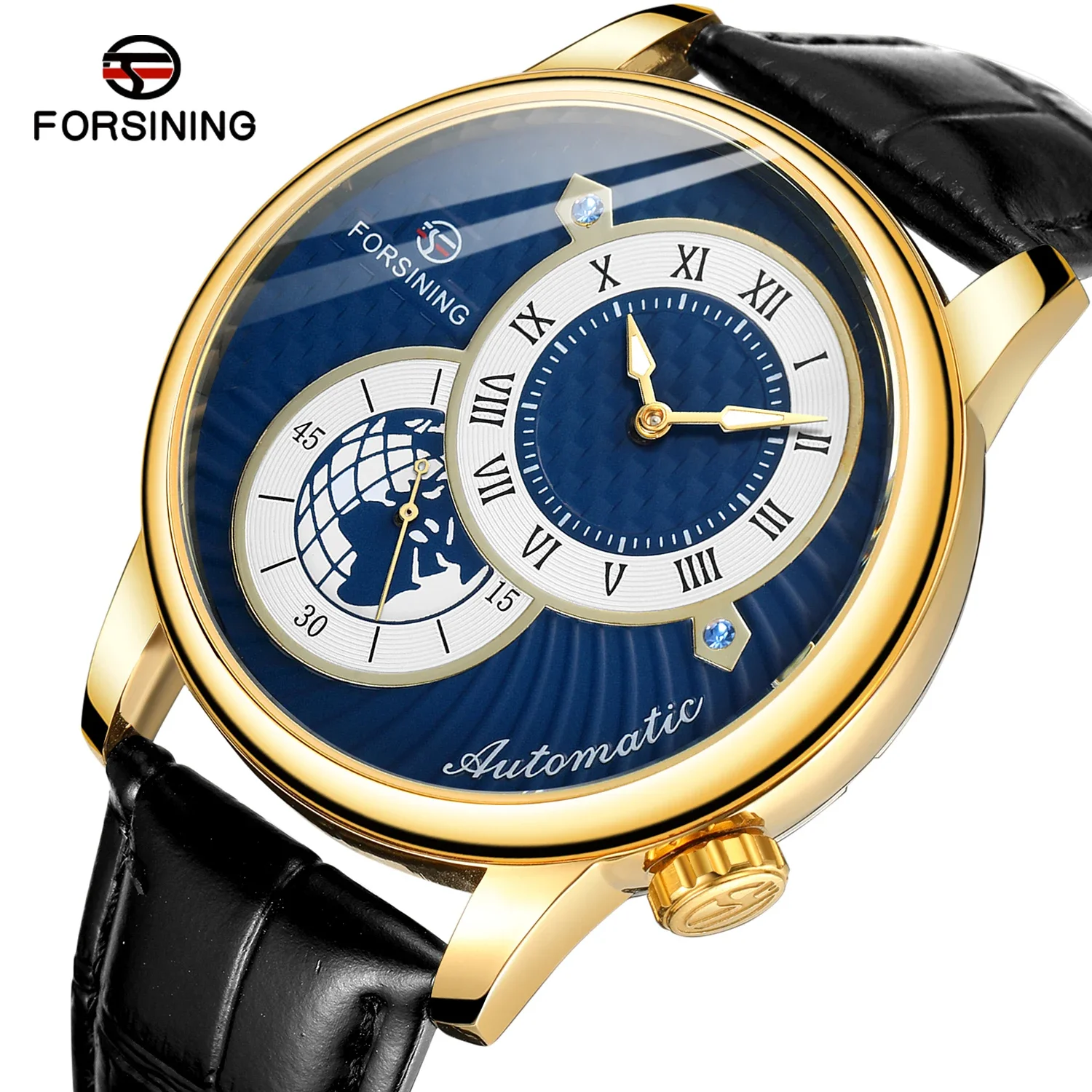 

Роскошные брендовые мужские автоматические часы с синим циферблатом, черный ремешок из натуральной кожи, светящаяся стрелка, механические часы с автоподзаводом, спортивные наручные часы