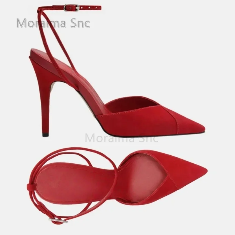Red Black Suede Pointed Toe Sandals for Women Ankle Strap Thin High Heels Elegant Party Shoes Bridal Summer Closed Toe Sandals