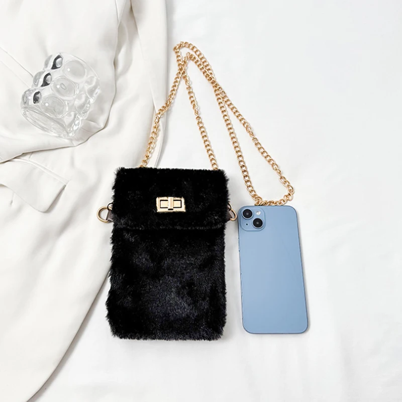 

Дизайн с металлической пряжкой, мини-кошелек для хранения, зимняя плюшевая сумка для телефона, сумка через плечо, модная сумка на плечо с цепочкой, кошелек из искусственной шерсти