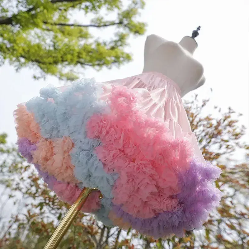 Womens Elastic Waist Puffy Tulle Petticoat Rainbow Cloud Short Tutu Skirt Princess Ballet Dance Pettiskirts Lolita Cosplay