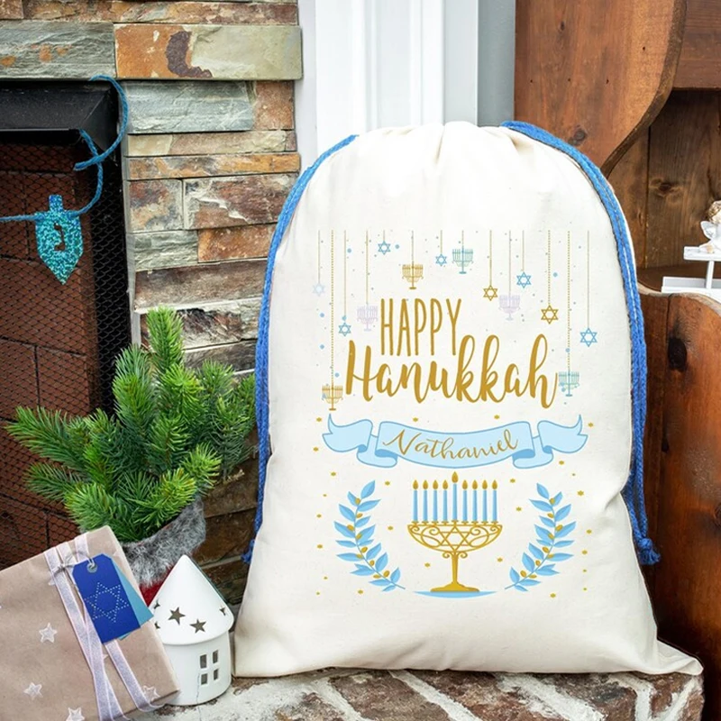 

Personalized Happy Hanukkah Menorah Drawstring Bags Chanukah Party Decoration Gift Custom Holiday Present Sack for Kid Boy Girl