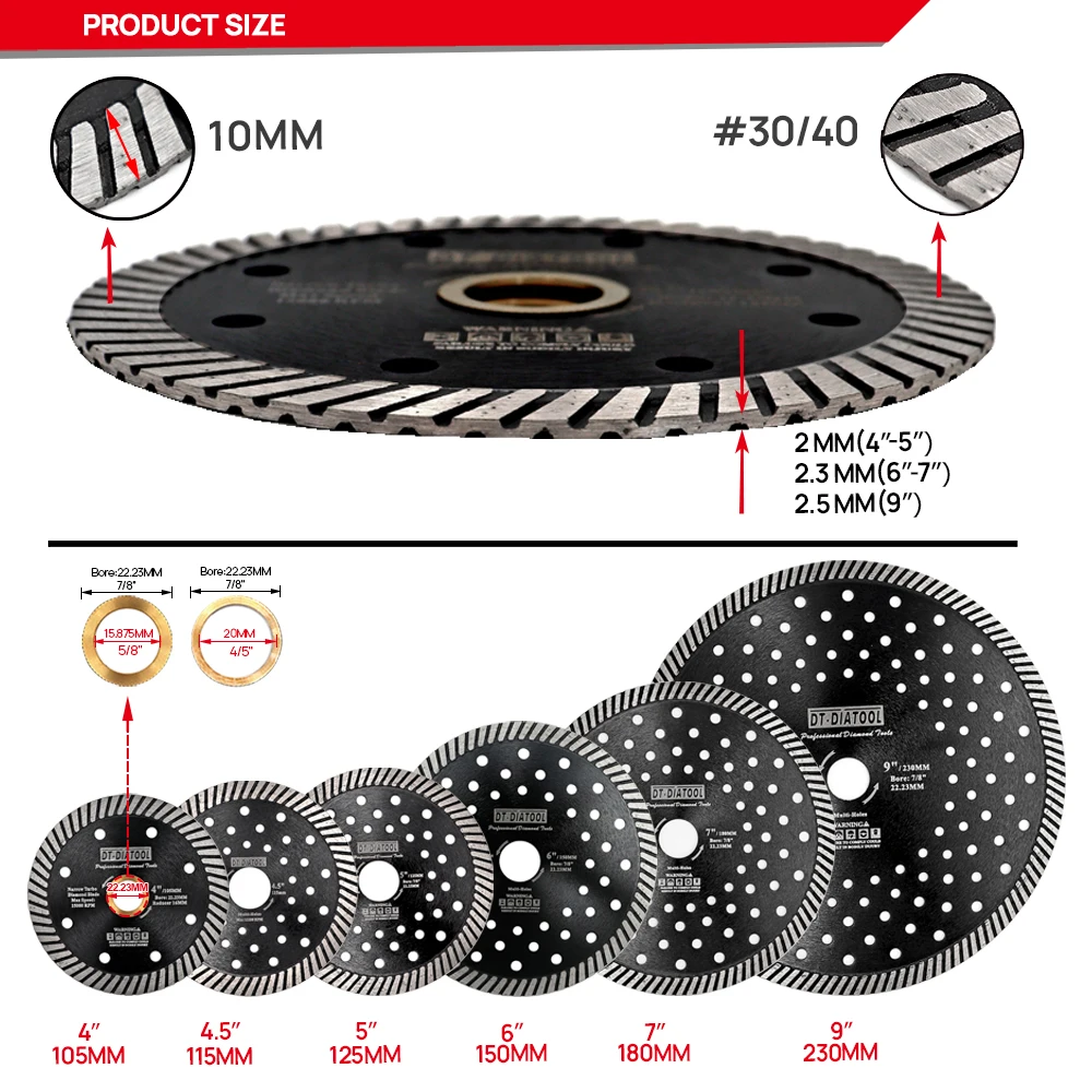 DT-DIATOOL 1 قطعة 105-230 مللي متر الماس الضيق توربو المنشار شفرة متعددة ثقوب أسطوانة تقطيع الخرسانة الجرانيت الرخام البناء قطع عجلة