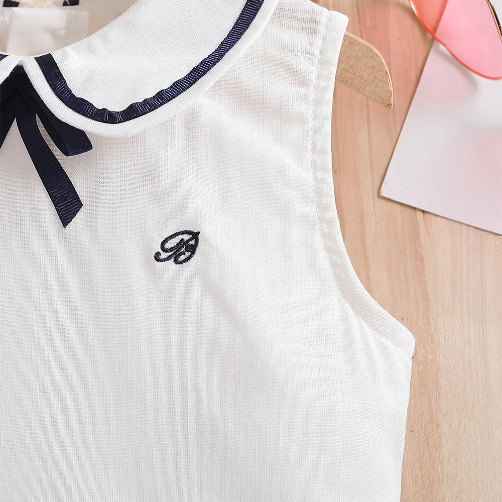 Mädchenkleid 2-6 Jahre Ärmellos im Preppy-Stil 100% Baumwolle Weiß Schuluniform-Stil Kinder Sommer-Outfits – Detail 6