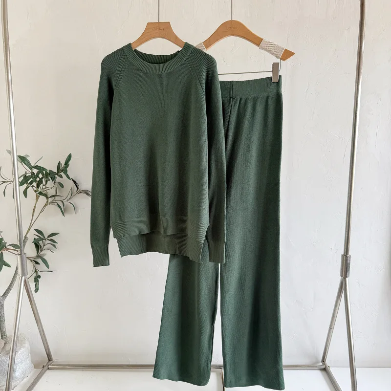 

Утепленный вязаный комплект: свитер с длинными рукавами и свободные брюки с широкими штанинами, модный комплект из двух предметов с круглым вырезом, новинка зимы