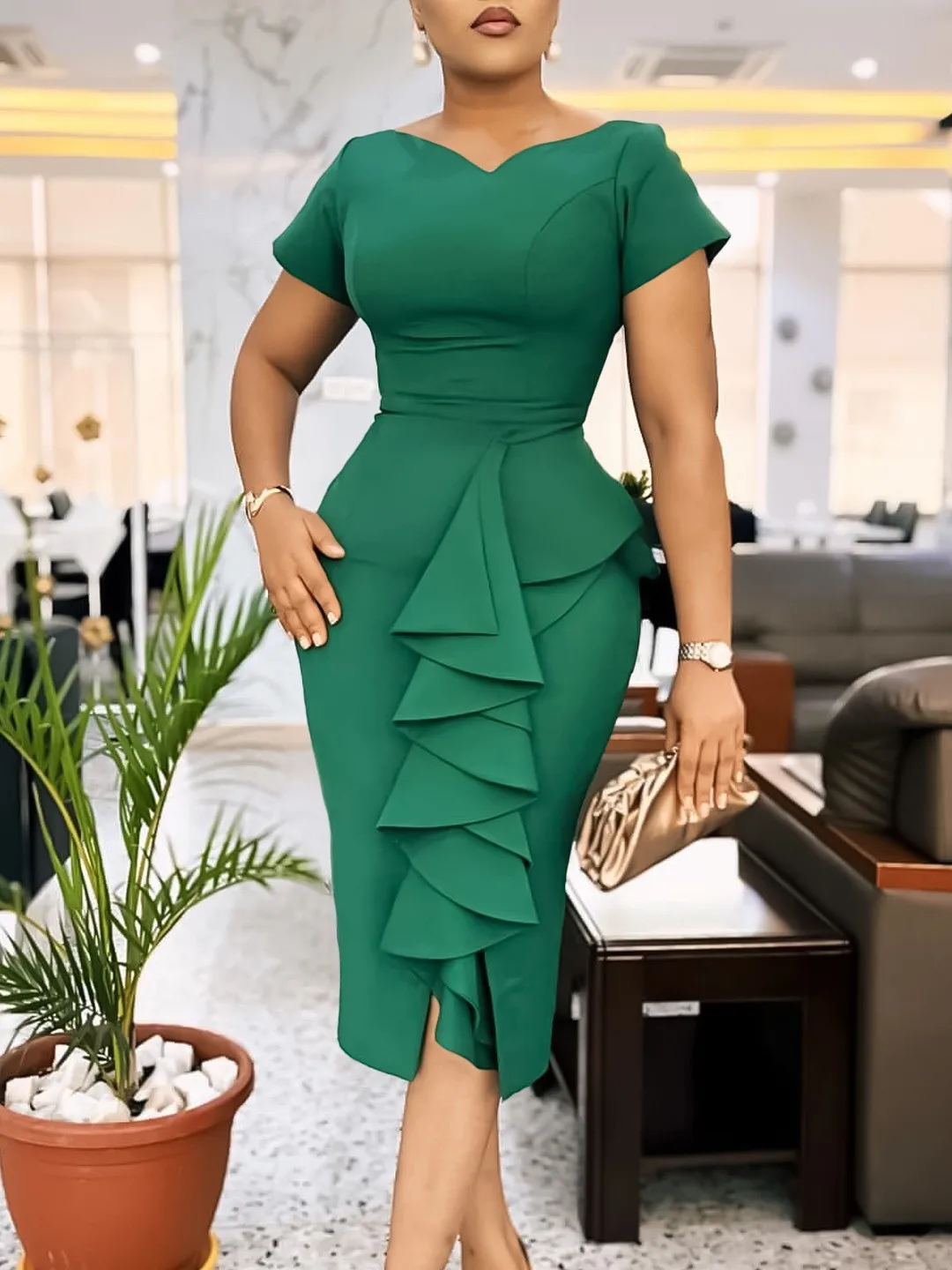 

Summer Women's Clothing Slim Fit V Neck Short Sleeve High Waist Midi Dress For Elegant Polyester Ruffle Casual Office Wear