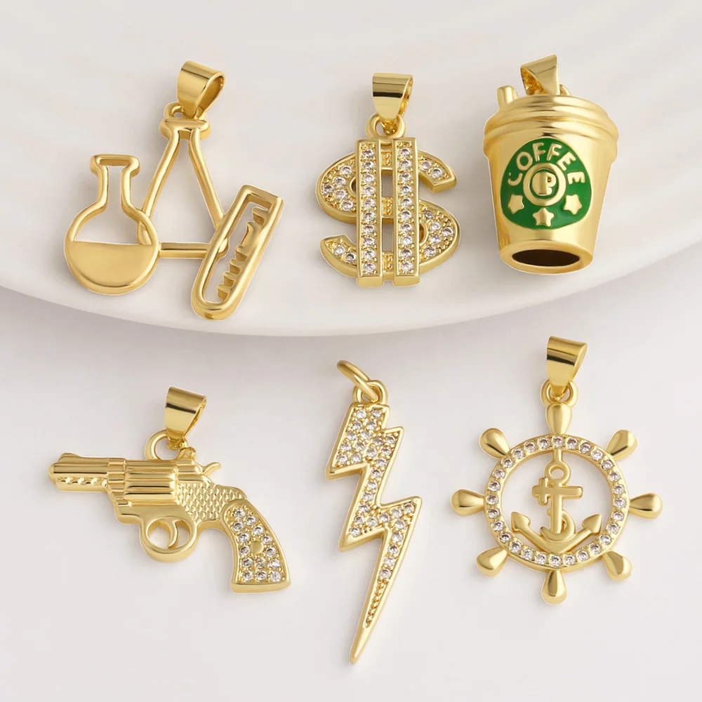 OCESRIO Chemistry Dollar Sign Pendant for Necklace Copper Gold Plated Coffee Cup Gun Lightning Anchor Jewelry Making DIY pdtb056