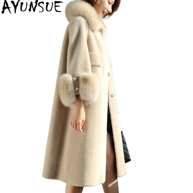 

AYUNSUE Women Sheep Shearling Jacket Real Wool Fur Coats 2020 Luxury Natural Fox Fur Collar Long Warm Winter Coat Women 1922