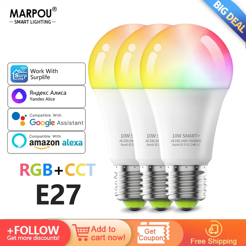 RGB Smart Bulb LED lights Dimmable WIFI APP Remote Voice Control with Yandex Alexa Google E27 AC220V Lamp for Decor Living room