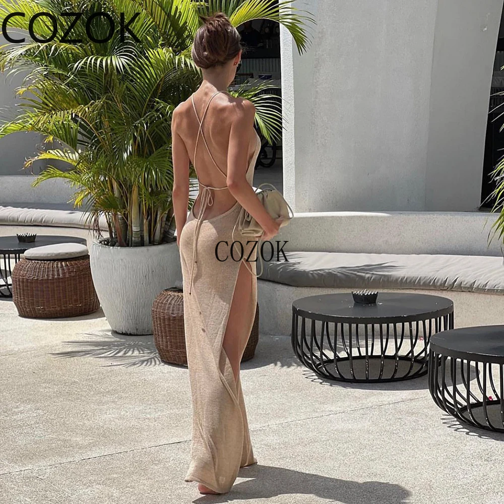 Imagem -02 - Kintted Sexy See Through Maxi Dress Elegante Halter Beachdress Slit Bodycon Beachdress Vestido de Verão 2023