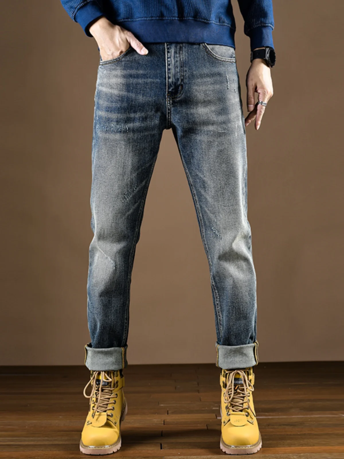 

Высококачественные мужские джинсы в стиле ретро, эластичные, повседневные, винтажные, осенне-весенние, облегающие, прямого кроя, длинные брюки, модные, в корейском стиле