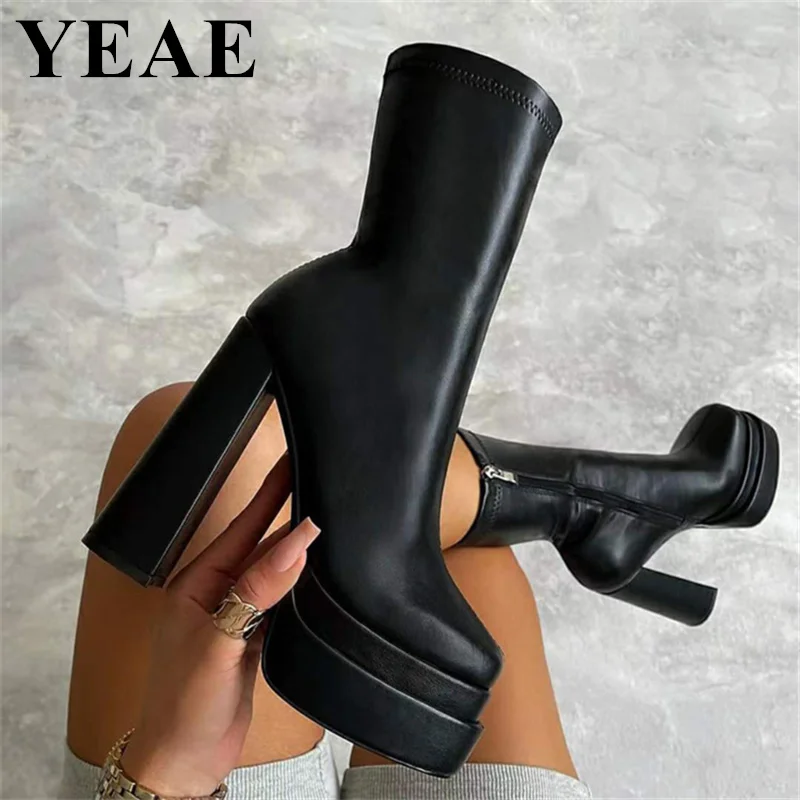 Spring Autumn Women Chunky Heel Ankle Boots Thick Sole Stretch Platform Boots Fashion High Heels Casual Shoes 2023 Plus Size 46