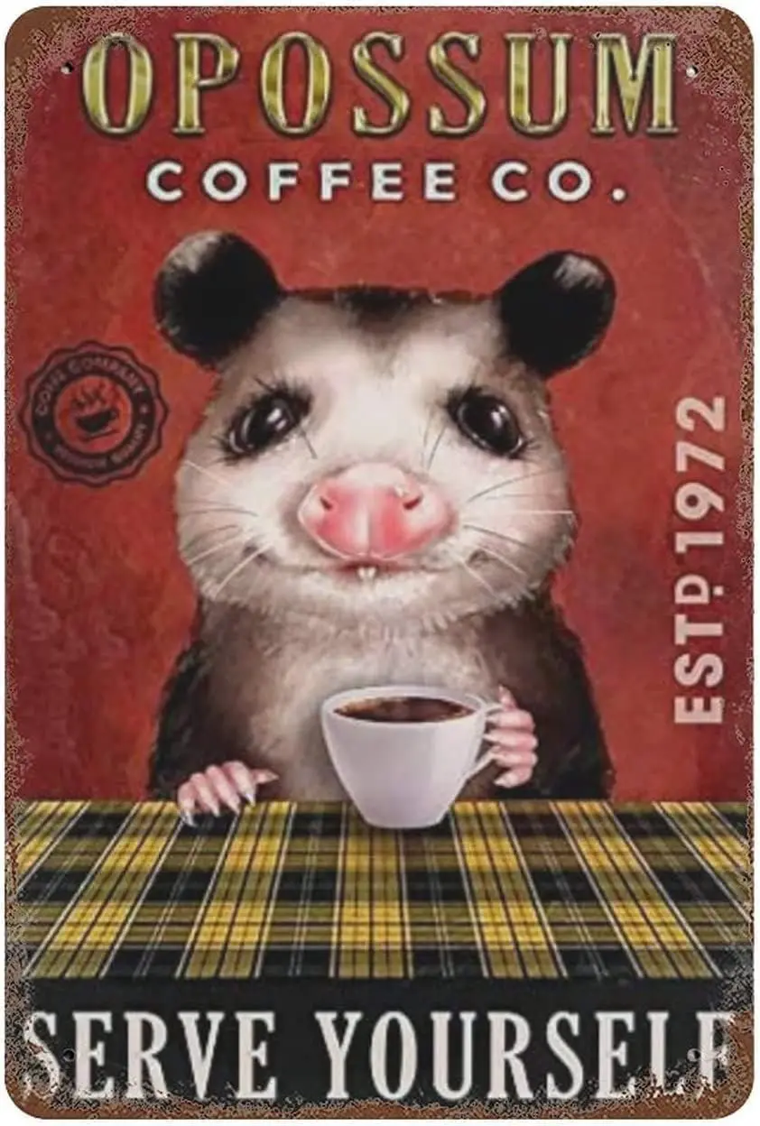 Nostalgic Vintage Metal Wall Décor 8 X 12 Inches Opossum Coffee Co Serve Yourself for Restroom Bar Club Cafe Home Decor Wall Art