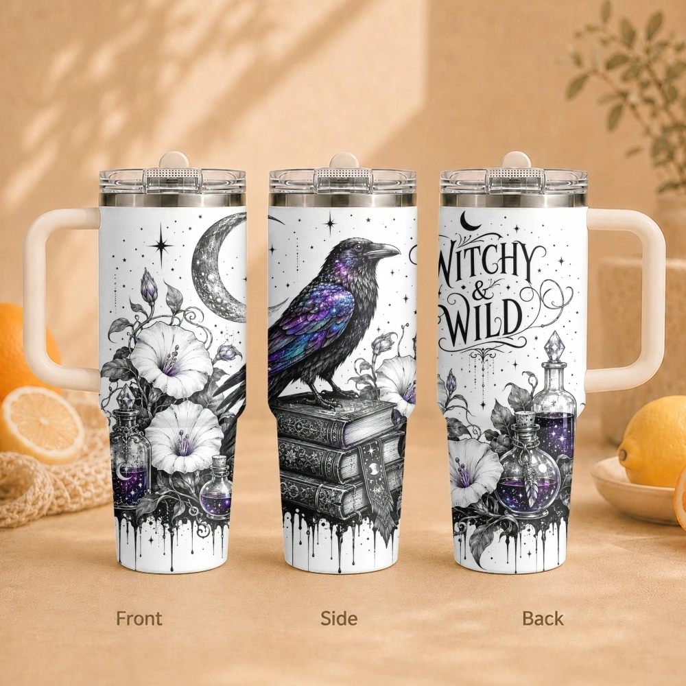 Gothic Raven Lady Vacuum Flasks 40oz Vacuum Insulated Travel Mug - Stainless Steel Straw Cup Lid