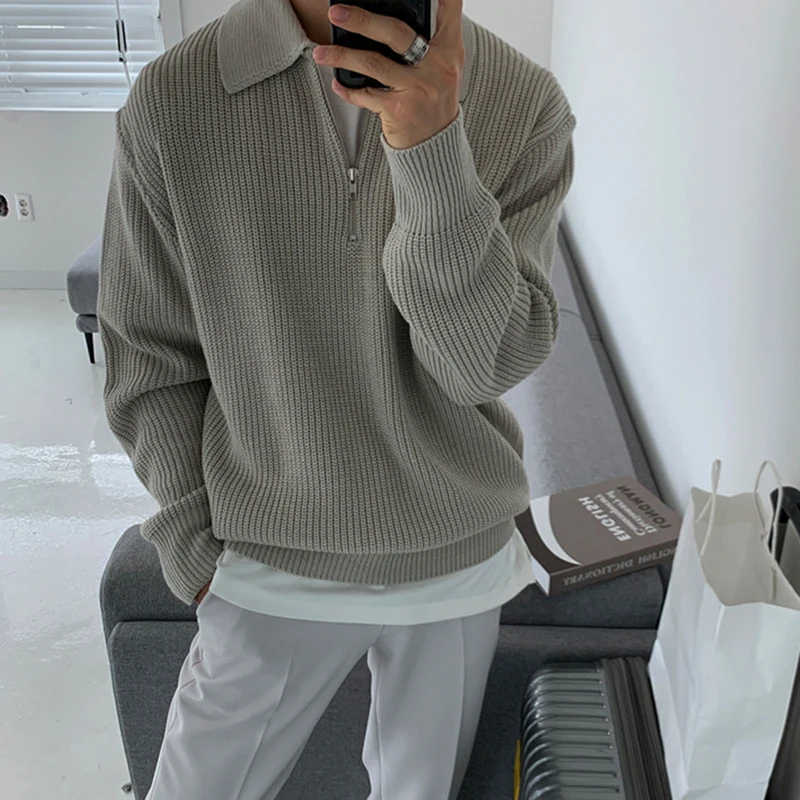 

Мужской свитер на молнии, корейский Модный трикотажный свитер в стиле Харадзюку, Осенний Повседневный пуловер с длинным рукавом, 3 цвета