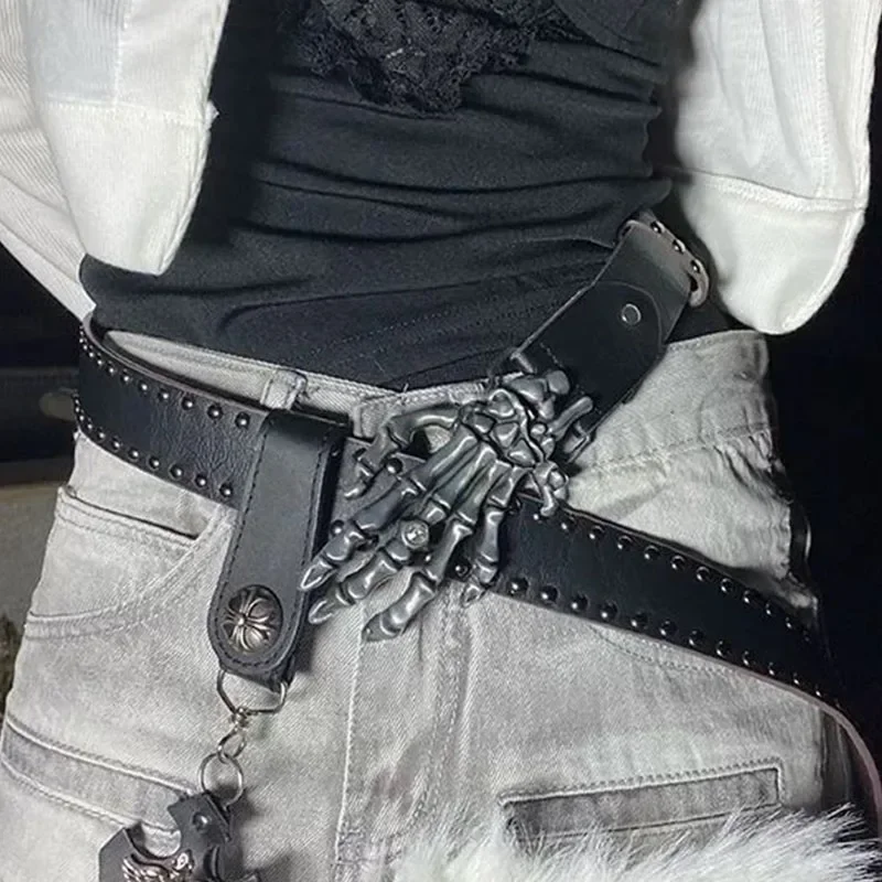 IUM Punk Skull Hand Belt Harajuku Dark Gothic Y2K Rivets Skeleton Hand Decoration Belt Men Girls Leather Belt Halloween Accessor