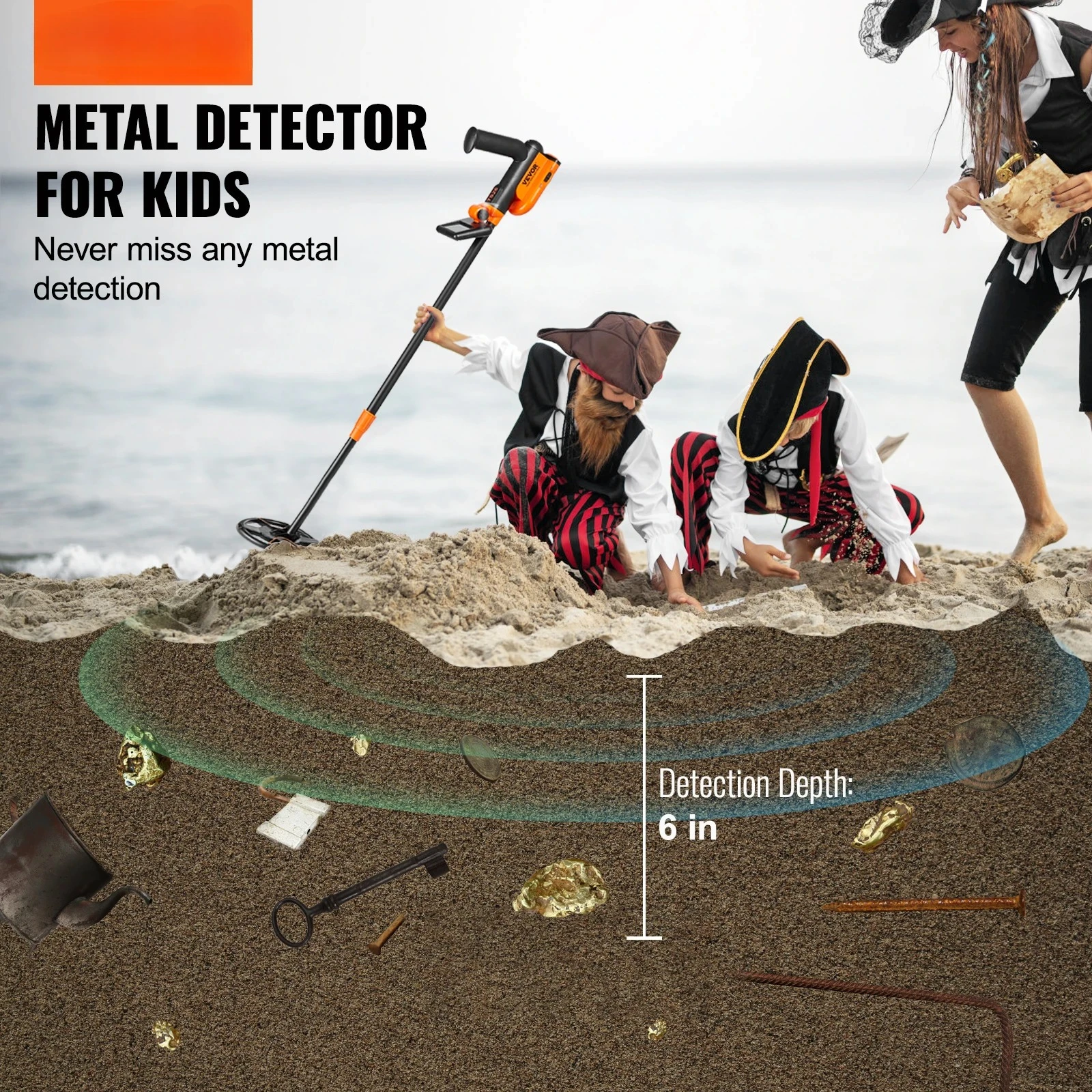 Metal Detector for Kids 6Inch 25''-37''Adjustable Length IP68 Waterproof Search Coil with LCD for Detecting Gold