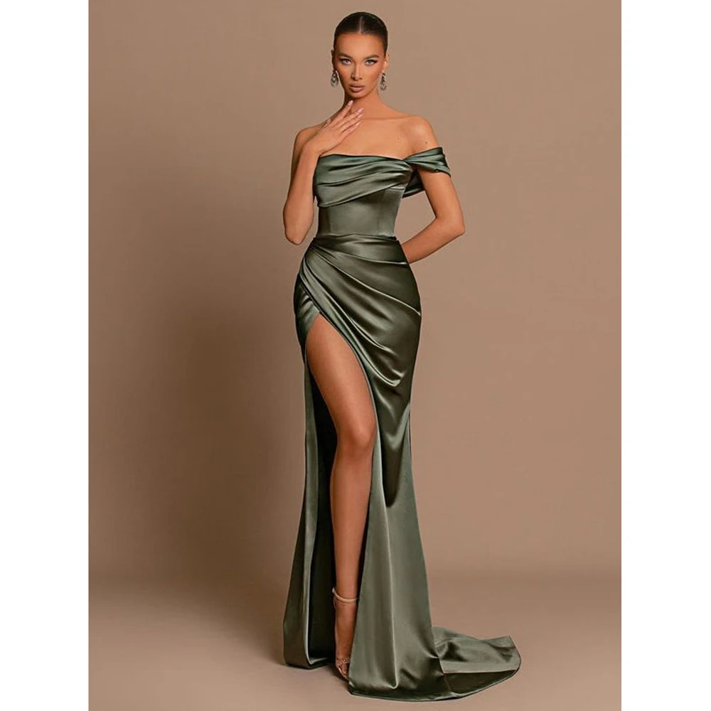 Vestido de noche verde elegante para mujer, traje Sexy de satén con abertura alta, hombros descubiertos, fruncido, cintura en el busto, vestido de fiesta Formal, 2023