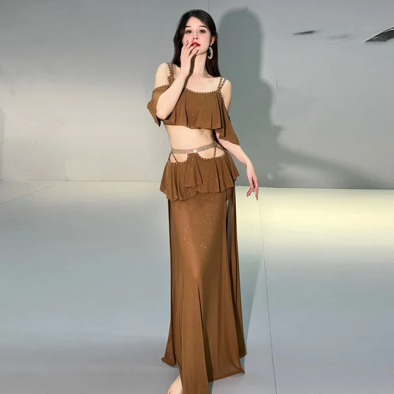 Belly Dance Clothing 2023 New Autumn Winter Mesh Short Sleeves Top+long Skirt 2pcs Oriental Training Suit Women Bellydance Set