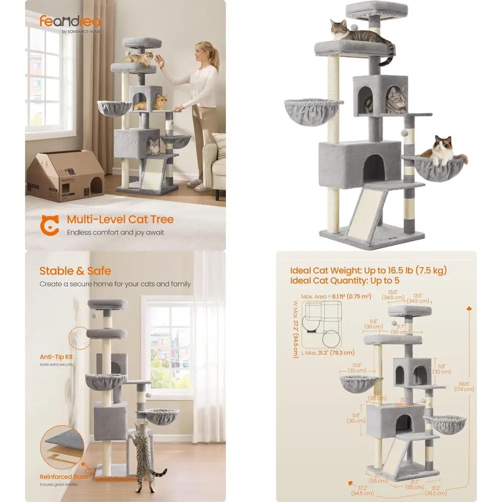 

68.5 High Multi-Level Cat Tower with Plush Condo, Large Perch, Scratching Posts, Double Caves, Dove Gray