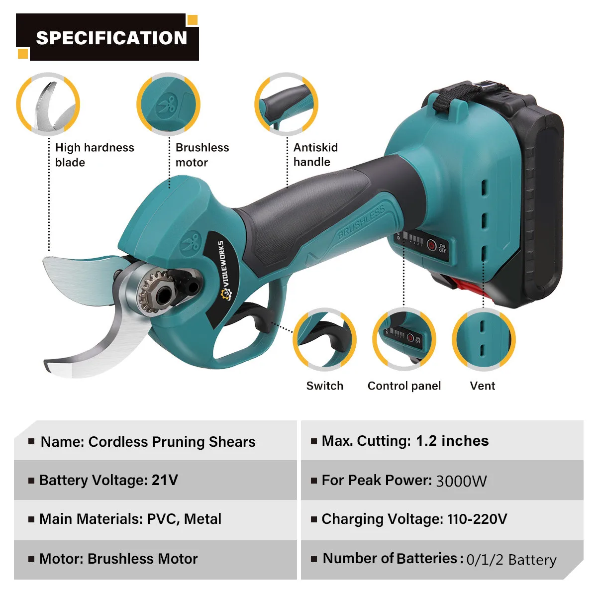 4 Gears 30mm Brushless Electric Pruner Shear Pruning Tool Cordless Rechargeable Battery Branches Cutter for Makita 18V Battery