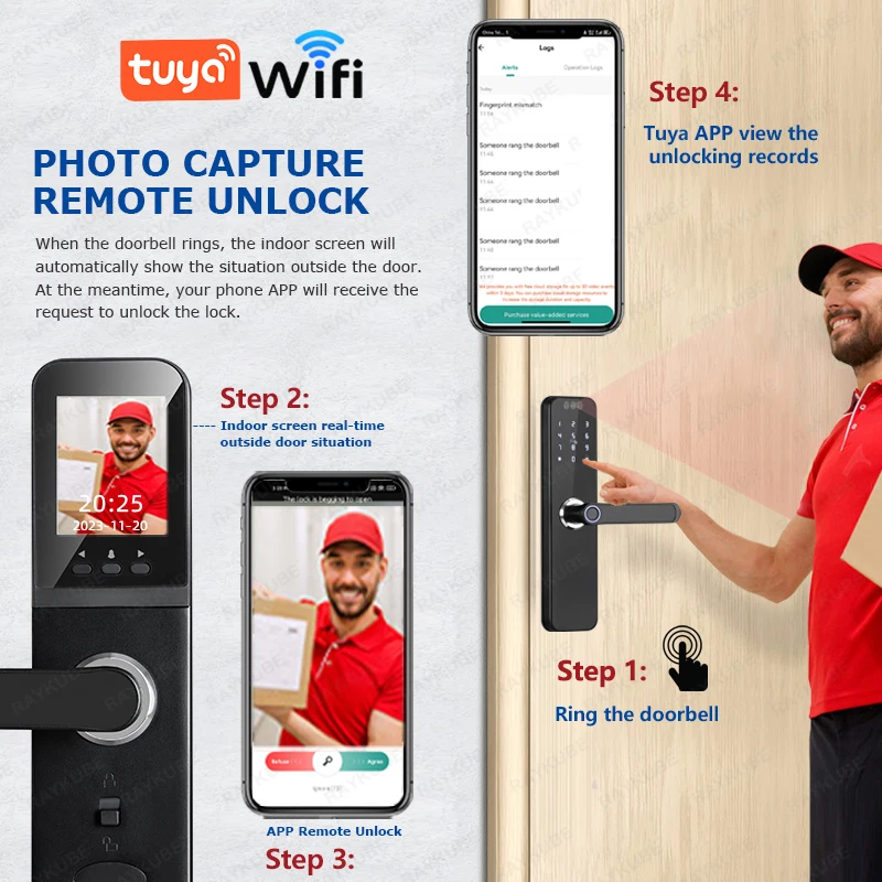 RAYKUBE K12 Tuya WiFi Camera Electronic Lock 3D Face Recognition Fingerprint Smart Door Lock With Screen Rechargeable Battery